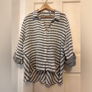100% linen 3/4 sleeve, gray white stripe Habitat top